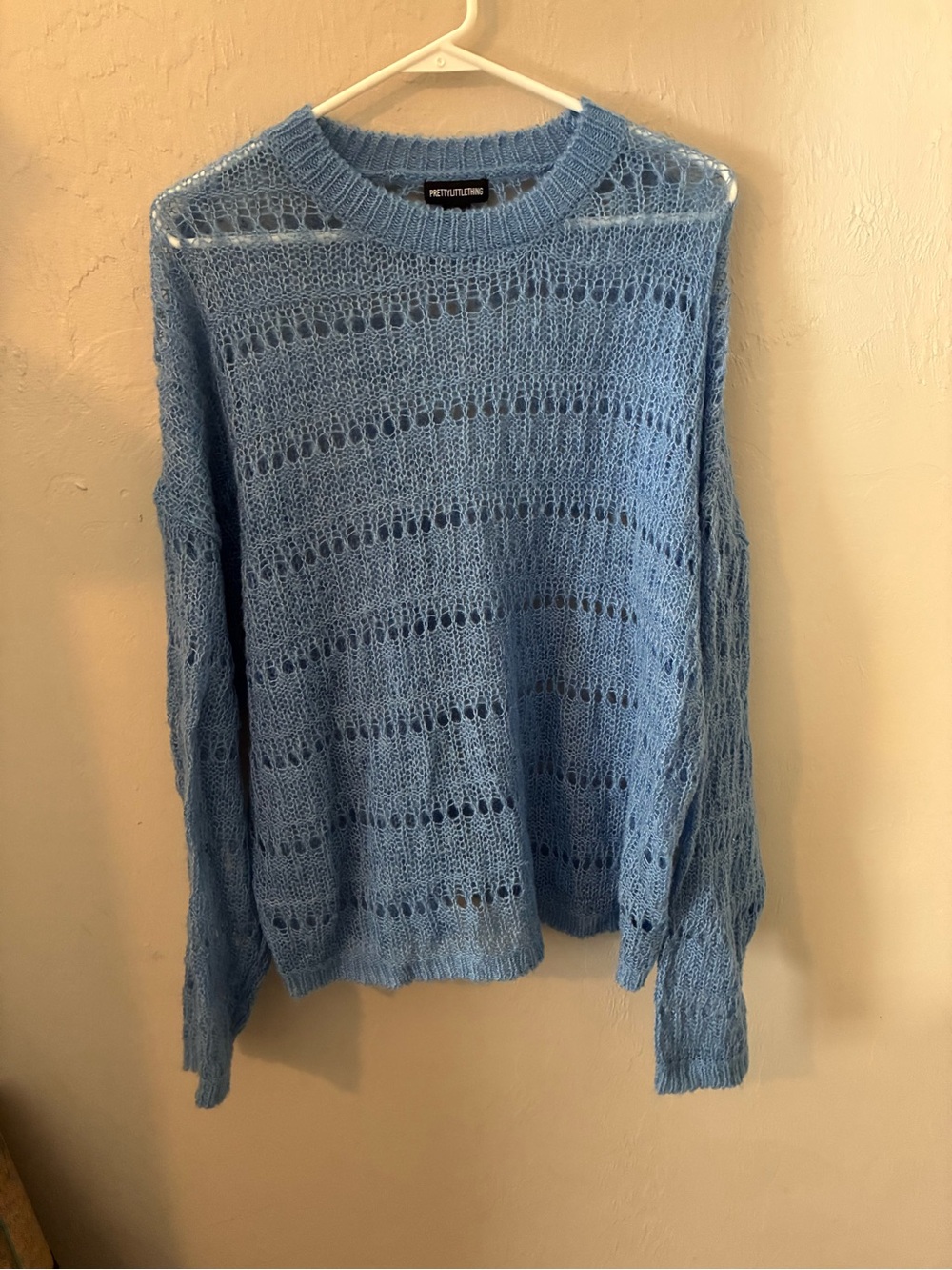 PrettyLittleThing Light Blue Open-Knit Crew Neck Sweater
